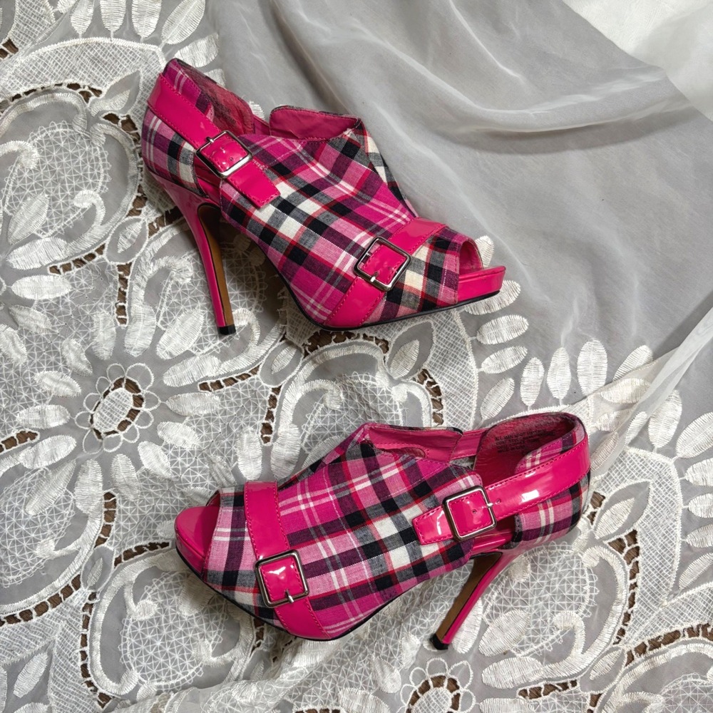 RARE Y2K Clueless Bumper Pink Plaid Peep Toe Stiletto Heels Double Buckle Size 7